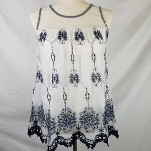 Lavish Blue White Sleeveless Tank Mesh Lined Embroidery Top Shirt Size S